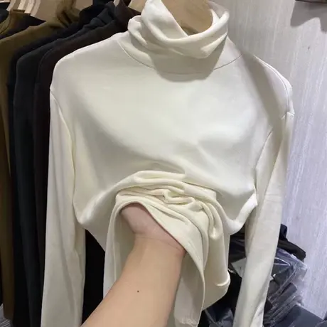 双面德绒白色高领打底衫女秋冬季加绒修身内搭长袖T恤堆堆领上衣商品大图