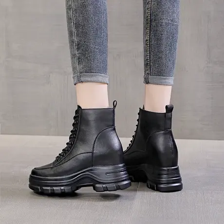 圣恩熙 高帮鞋女8cm真皮坡跟2023新款学院风 内增高 黑色马丁靴女商品大图