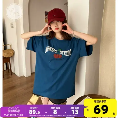 yoe小众潮牌蓝色樱桃下衣失踪oversize女装美式纯棉短袖t恤女上衣图片