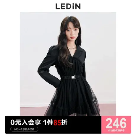 乐町甜酷设计感连衣裙休闲夏季新款初秋女士轻纱拼接黑色西装裙图片