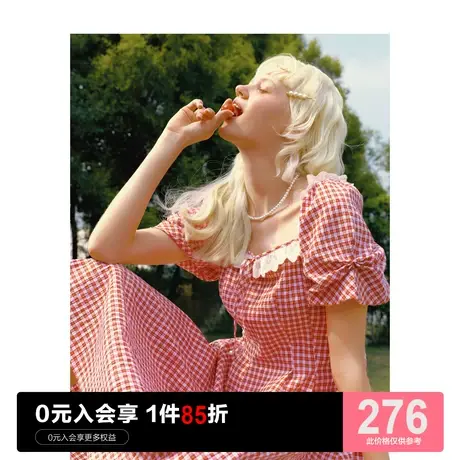 乐町南法红茶连衣裙23夏新款女法式格纹碎花裙女多巴胺红色方领裙图片
