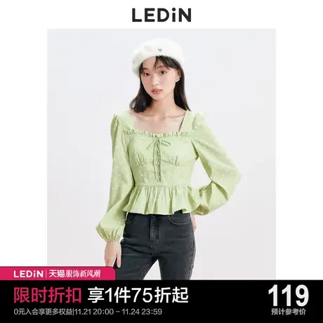 乐町大方领系带小上衣休闲秋季新款绿色雪纺上衣女宽松设计感图片