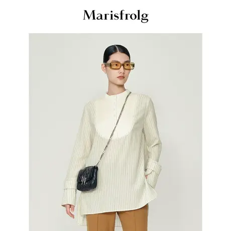 【意大利进口面料】玛丝菲尔冬季新款白色条纹细羊毛亲肤垂坠衬衫图片