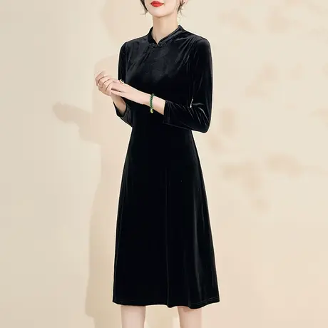 水墨青华2024春季新款立领优雅改良中国风旗袍百搭素雅丝绒连衣裙商品大图