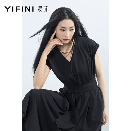 Yifini/易菲薄款高腰显瘦气质V领短袖连衣裙女夏季新款收腰图片