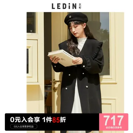 乐町翻领双面呢大衣休闲秋冬新款女装黑色保暖绵羊毛长款毛呢外套图片