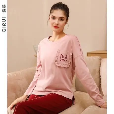 绮瑞睡衣女春秋长袖纯棉圆领薄款家居服女士秋季全棉宽松大码套装商品大图