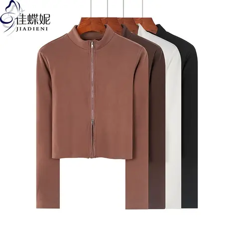 春秋新款韩版中高领短款双拉链德绒长袖体恤上衣内搭女装开衫外套图片
