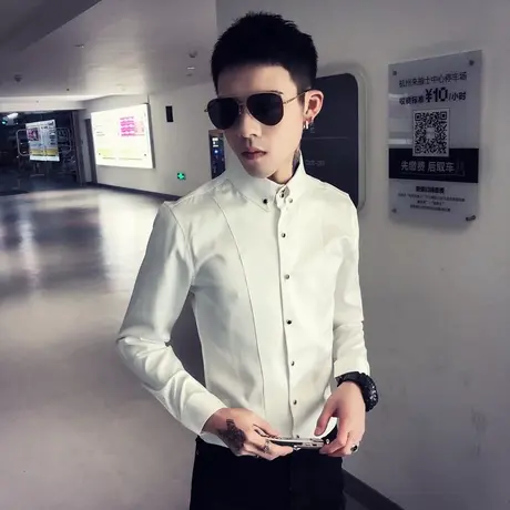 2024春季新款潮男潮流纯色百搭网红韩版长袖修身衬衫发型师衬衣图片