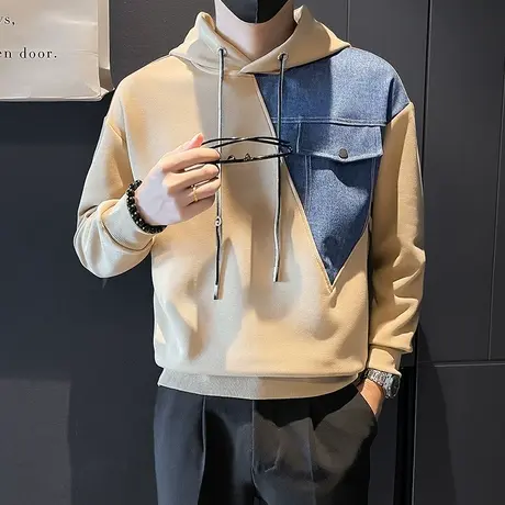 连帽卫衣男秋季新款重磅牛仔拼接设计感ins潮牌个性男装长袖上衣图片
