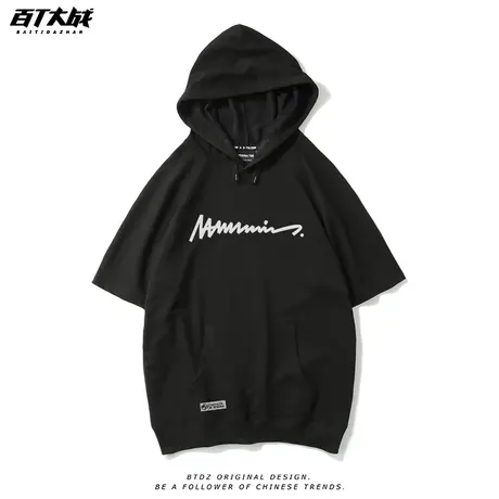 美式街头风连帽短袖t恤男士设计感小众字母薄款纯棉五六分袖卫衣商品大图