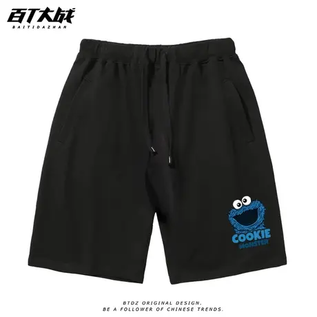美式休闲短裤男夏季薄款纯棉宽松2023新款潮流外穿芝麻街黑色裤子图片