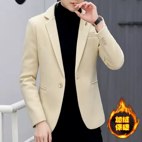 男士冬季加绒西装青年潮流休闲加厚呢子西服韩版纯色百搭外套上衣商品大图