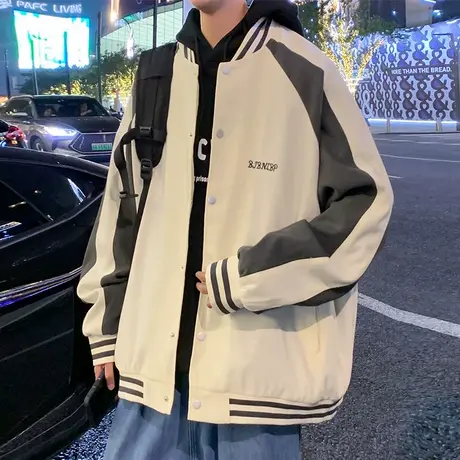 潮牌拼接棒球服男春秋季美式飞行员chic港风古着宽松休闲夹克外套商品大图