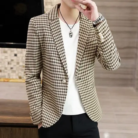 春秋新款帅气修身单西外套男士休闲小西装韩版潮流千鸟格西服上衣商品大图