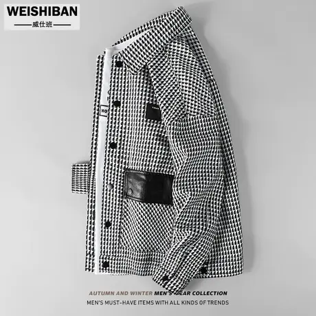 男士撞色千鸟格休闲夹克秋冬季2023高级感青年流行小香风宽松外套商品大图