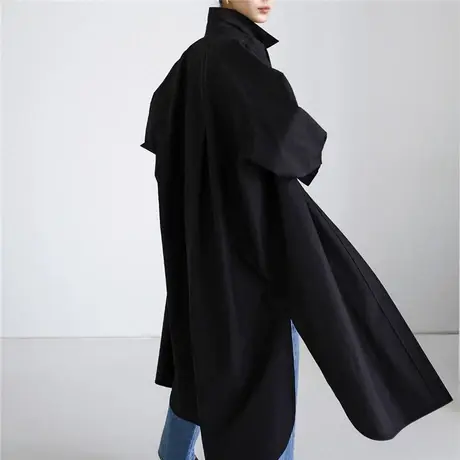 春季新款长袖排扣衬衫女中长款韩版宽松大码时尚潮流休闲BF衬衣潮商品大图