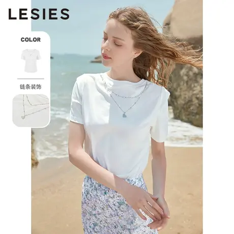 LESIES蓝色倾情春夏新款女圆领链条秋饰短袖T恤纯棉宽松上衣小衫图片