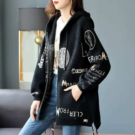 宝诗黎连帽字母亮片针织外套2024新款时尚休闲上衣女拉链开衫春装商品大图