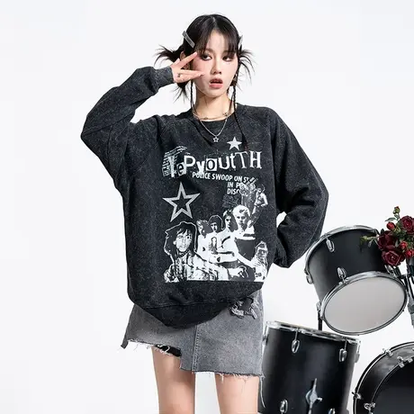 YEP复古炒雪花卫衣女春秋款ins潮牌插肩袖上衣宽松oversize外套商品大图