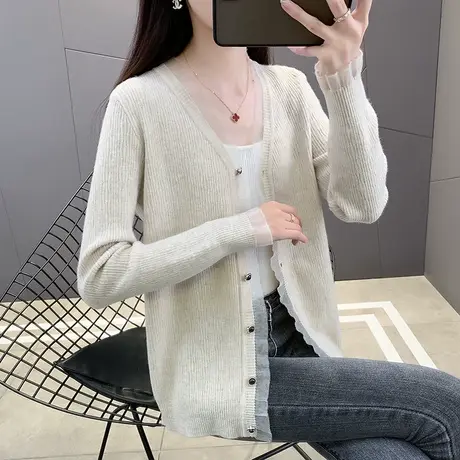 针织衫2023新款毛衣女秋季设计感慵懒风长袖上衣休闲蕾丝开衫外套商品大图