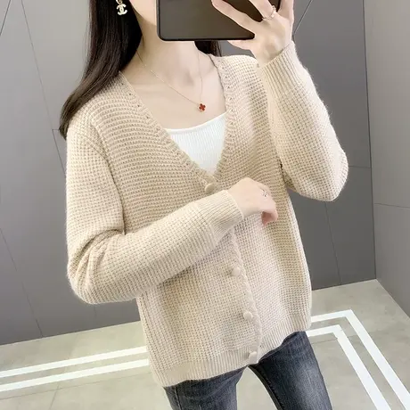 春装2024年新款V领针织开衫女长袖外套韩系宽松爆款上衣百搭毛衣图片