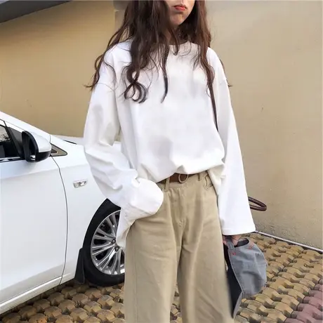 长袖t恤女2024新款春秋韩版大版中长款T学生宽松纯色上衣服体桖潮图片