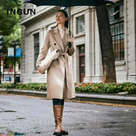 INSUN恩裳冬季双面呢羊毛双排扣毛呢大衣图片