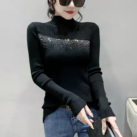欧货烫钻针织打底衫女长袖春秋2024新款网纱拼接紧身半高领毛衣女图片
