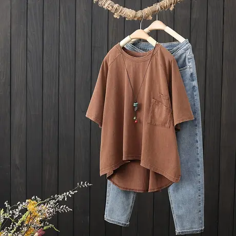 文艺复古水洗棉短袖T恤女装夏季新款前短后长宽松体恤衫半袖上衣图片