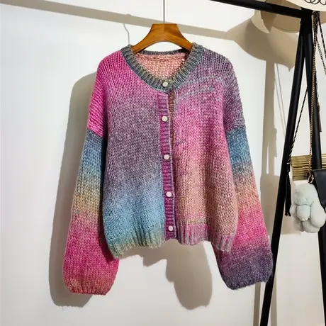 渐变色长袖针织开衫女2023秋冬新款韩版宽松慵懒休闲百搭毛衣外套图片