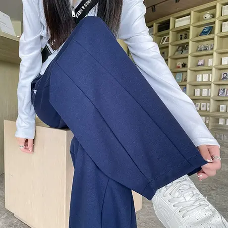 复古蓝色阔腿裤女运动裤春秋卫裤高腰垂感宽松直筒显瘦休闲裤子商品大图