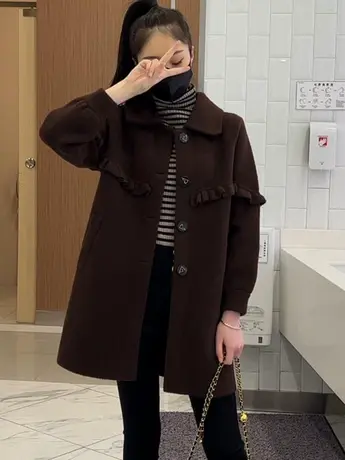 纯色毛呢外套女中长款时尚气质风衣木耳边显瘦大衣2023年秋冬新款图片