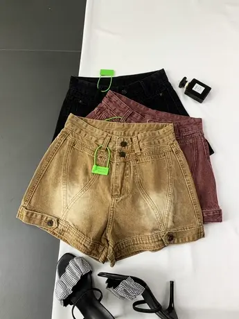 水洗磨白拼接牛仔短裤2023夏季新款显瘦百搭高腰裤小众阔腿a字裤图片