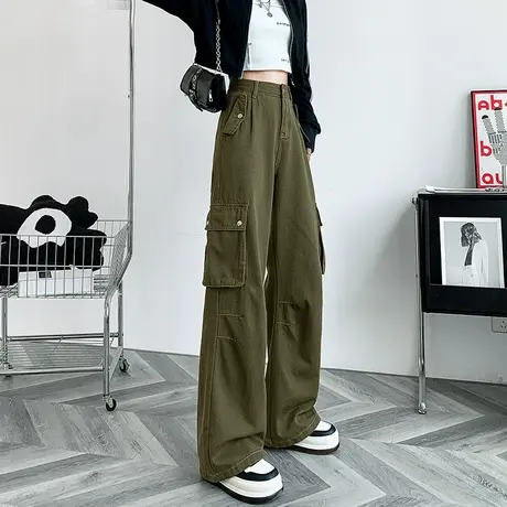 美式牛仔工装裤女2023秋季新款军绿色休闲阔腿直筒裤宽松拖地裤子商品大图