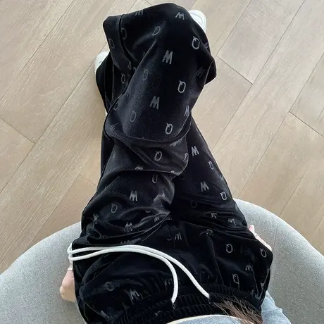 金丝绒窄版阔腿裤女秋冬2024新款高腰垂感时尚设计感印花拖地长裤商品大图