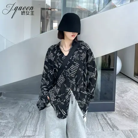印花短袖衬衫女春季薄款港味潮流宽松男友风休闲上衣雪纺长袖衬衣商品大图