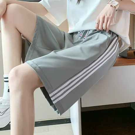 灰色运动短裤女夏宽松ins潮外穿跑步休闲高腰bf风中裤直筒五分裤图片
