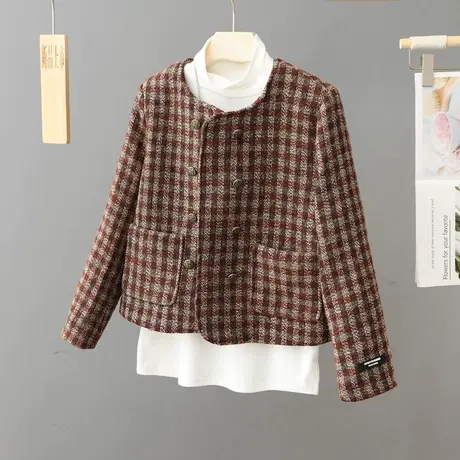 2024秋装新款爆款别致小香风小个子高级感上衣短款红色格子外套女图片