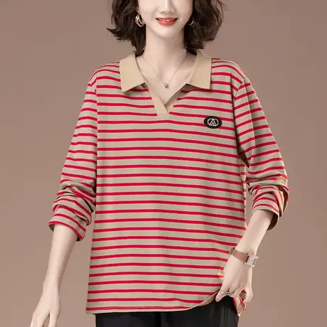 春秋翻领长袖T恤女加肥加大码女装宽松中年妈妈条纹纯棉休闲上衣图片