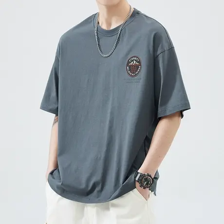 夏季圆领2023短袖新款体恤男款纯棉上衣服男装无领半截袖t恤男士图片