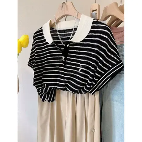 夏季透气凉感 polo领胸前小兔子刺绣显瘦条纹翻领针织衫上衣 tee商品大图