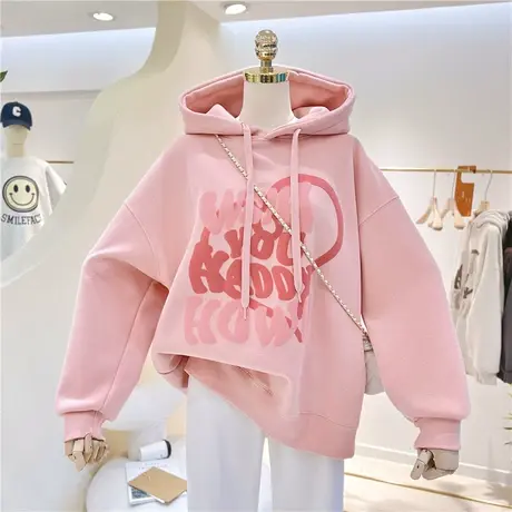 加绒加厚百搭复古桃心字母宽松大码保暖韩版连帽卫衣女帽衫外套潮商品大图