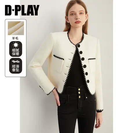 DPLAY【黑标】2023年冬新小香风圆领撞色白色短款毛呢外套商品大图