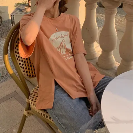 ins超火开叉短袖T恤女夏季2022新款学生宽松百搭bf慵懒风半袖上衣商品大图