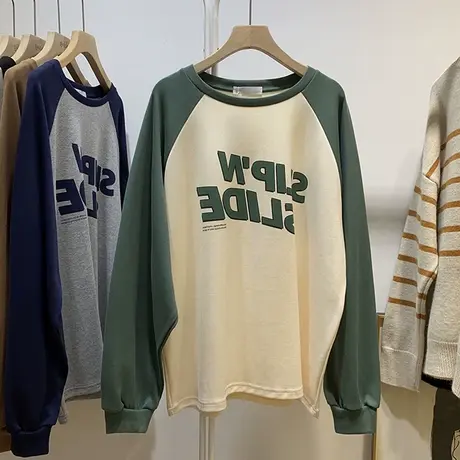 美式复古卫衣女秋季薄款宽松韩版学生百搭显瘦港味插肩上衣潮ins商品大图