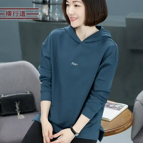 胖MM春装白色字母妈妈连帽卫衣女黑色带帽衫大码中年上衣2024新款商品大图