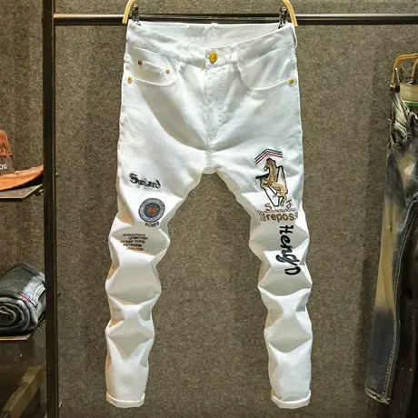 白色轻奢牛仔裤男款潮牌刺绣修身裤子夏季高端设计感个性小脚裤薄图片