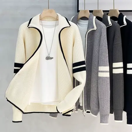 撞色美式针织衫拉链外套保暖抗起球针织毛衣开衫休闲轻熟男士夹克商品大图