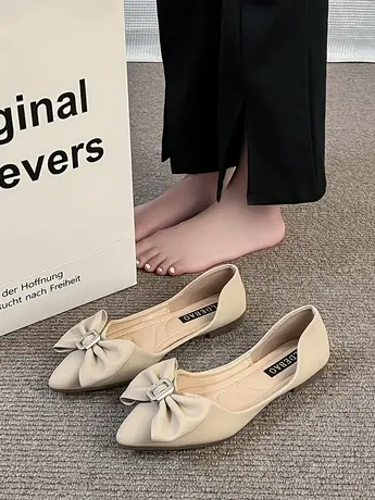 小香风单鞋女2023新款春秋季平底鞋蝴蝶结尖头百搭瓢鞋软底豆豆鞋商品大图